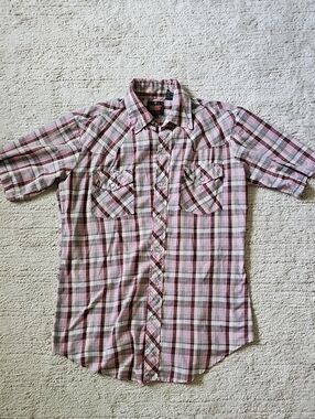 Men's Short Sleeve Vintage Country Pearl Snap Plaid Shirt - Pink/Brown